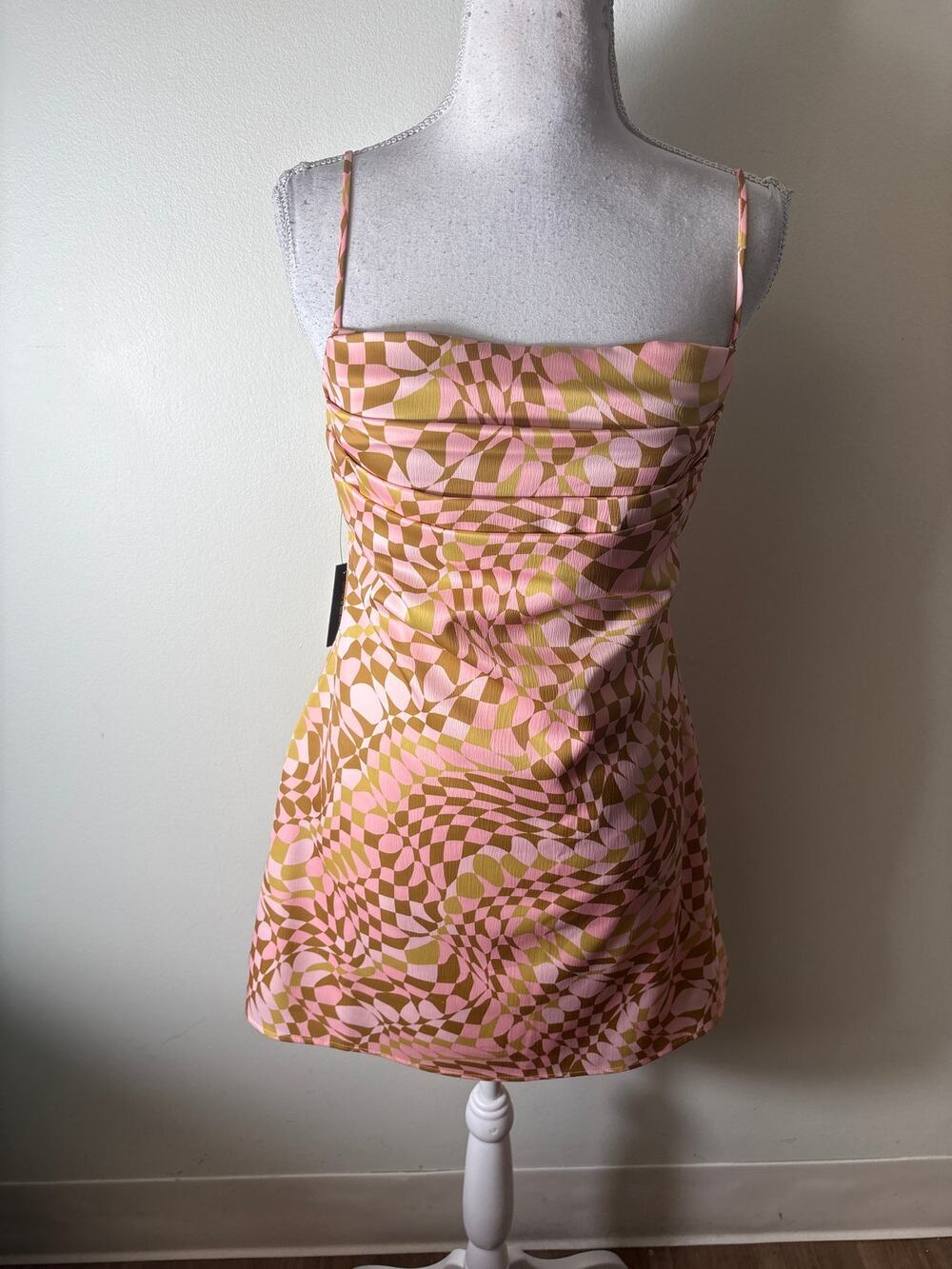 NWT AFRM Blush Checkerboard Spaghetti Strap Mini Dress Sz S
